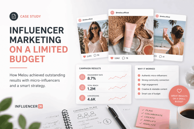 Influencer marketing on a limited budget case study showing Melou campaign results, micro-influencer content, engagement rate, reach, and conversions