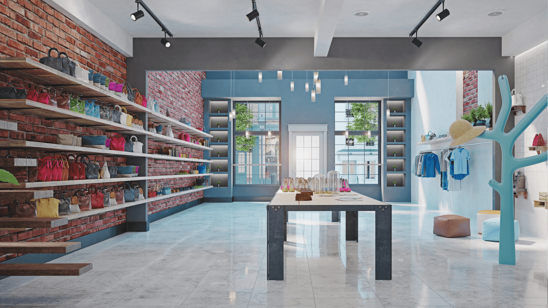 Bright fashion boutique interior with merchandise shelving and display tables