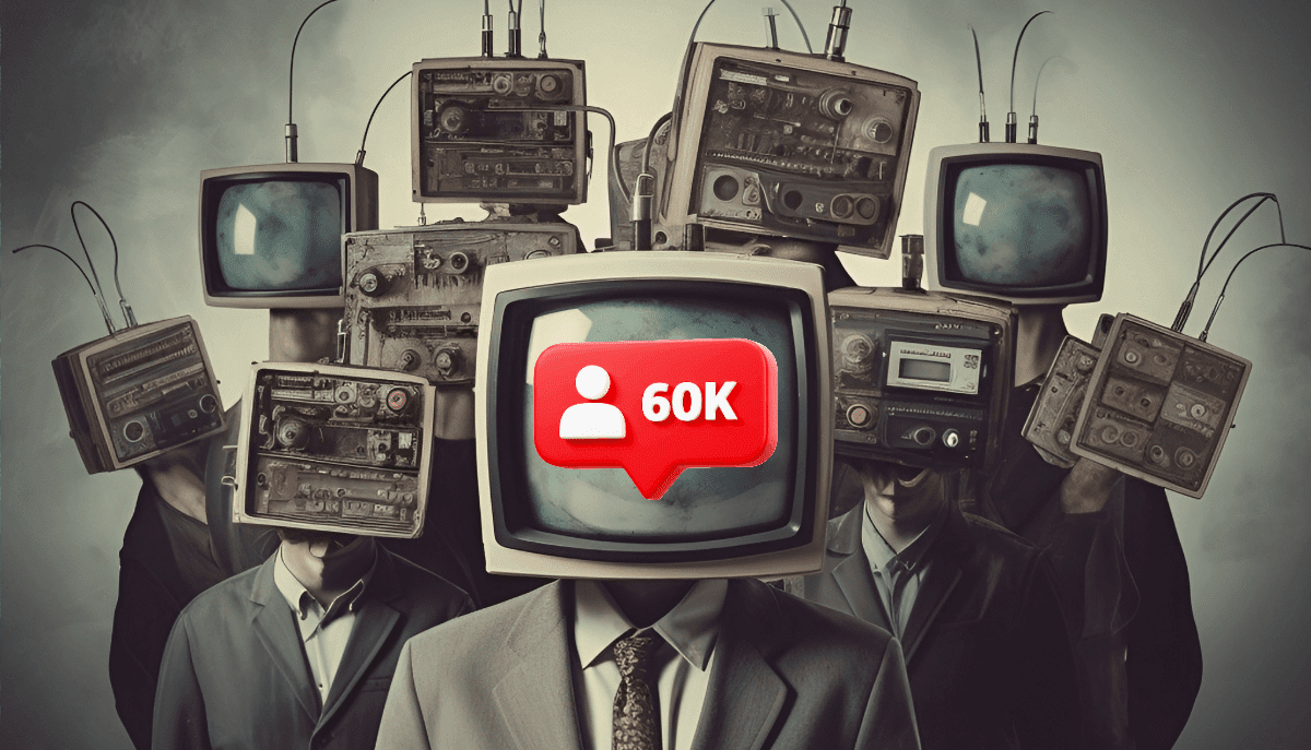 Detect follow-for-follow abuse illustration – crowd of bot accounts with 60K follower badge