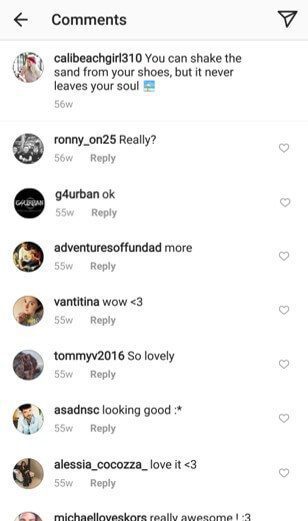Instagram comment thread full of generic compliments and one‑word replies