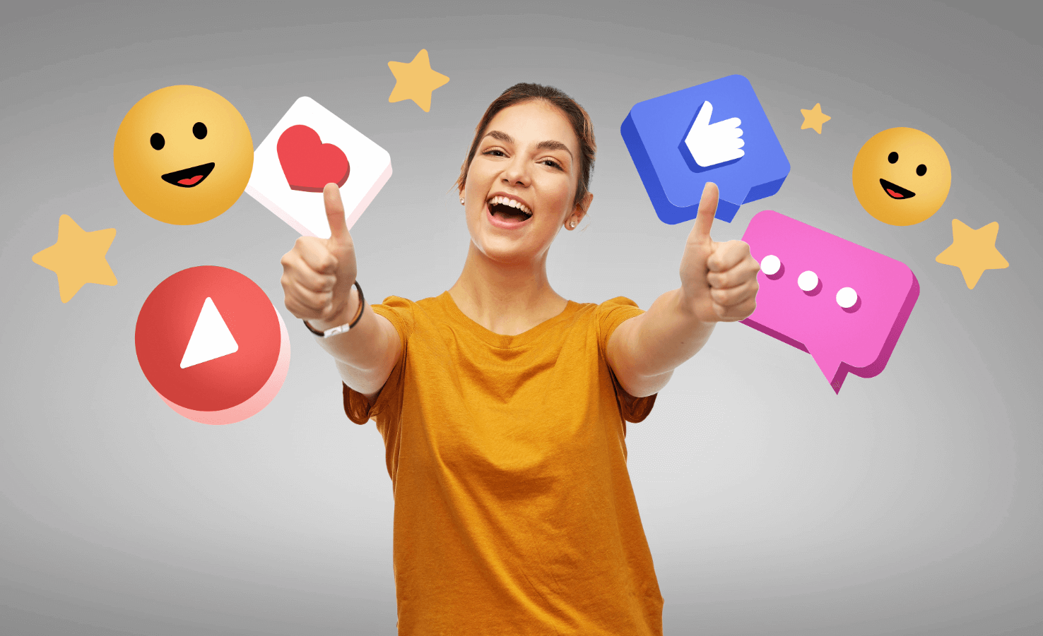 happy creator giving thumbs up surrounded by like follower ratio engagement icons