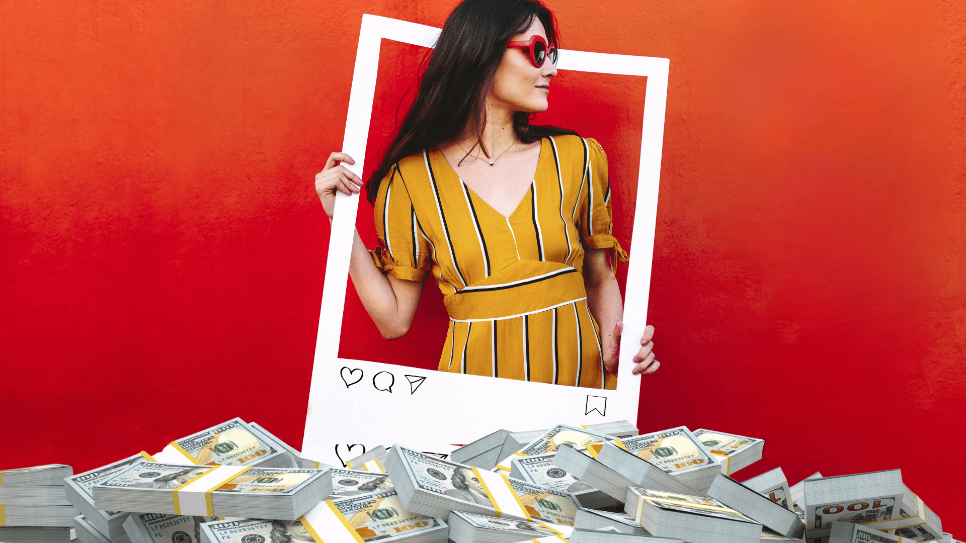 highest paid influencers 2024 – fashion creator framed like an Instagram post standing over stacks of cash