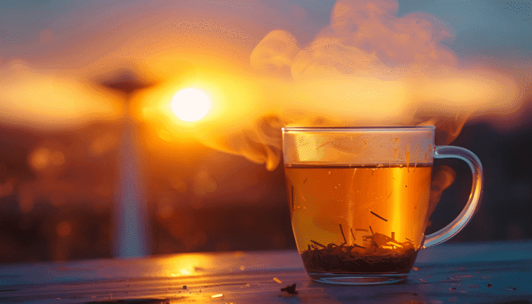 Steaming cup of detox tea at sunrise with Berlin TV Tower silhouette – Teatox Instagram marketing case study hero image