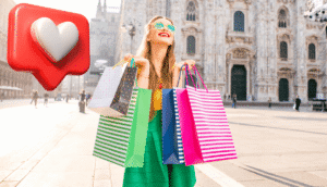 Zalando Instagram marketing case study hero – shopper with colourful bags on a European square, big Instagram like icon in frame
