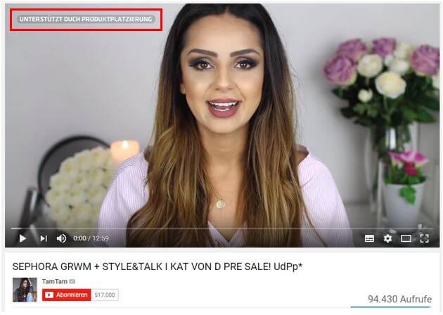 YouTube-Video blendet 'Produktplatzierung' beim Produkt‑Shot ein