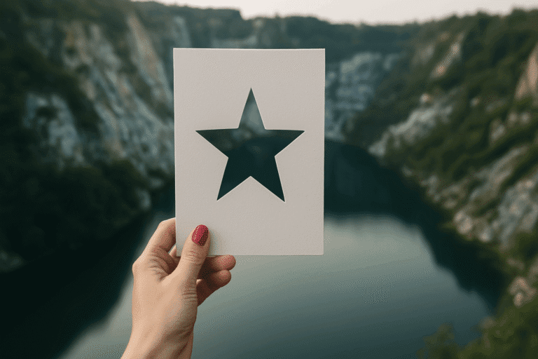 Hand holding a postcard with a cut‑out star against a rugged canyon – symbolising top‑tier influencer campaigns. Influencer marketing campaigns 2017 visual star
