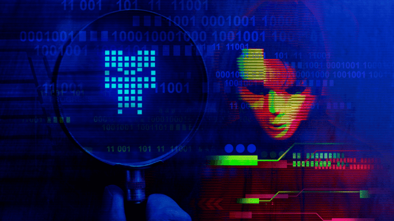 fake influencer detection hero – magnifying glass reveals pixelated follower bot amid binary code