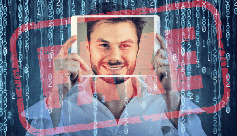 Detect follow-for-follow abuse hero – red FAKE stamp over stylised social media profile
