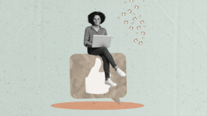 smiling creator sitting on a giant like‑icon bubble, holding a laptop as thumbs‑up icons float upward — visualising influencer marketing analytics
