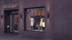 Exterior of a modern boutique fashion store in an urban setting | edited online shop analytics 2025