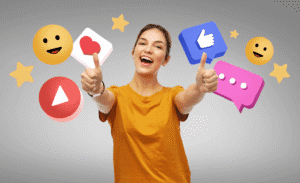 happy creator giving thumbs up surrounded by like follower ratio engagement icons