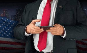 Political leader checking smartphone in front of national flag, symbolising Instagram influence among world leaders.