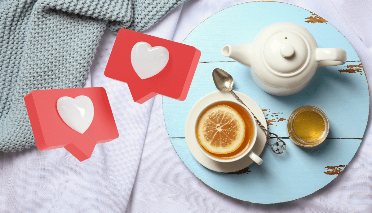 Teatox Instagram marketing case study flat lay – cup of detox tea with lemon, honey, cosy knit and floating Instagram like icons