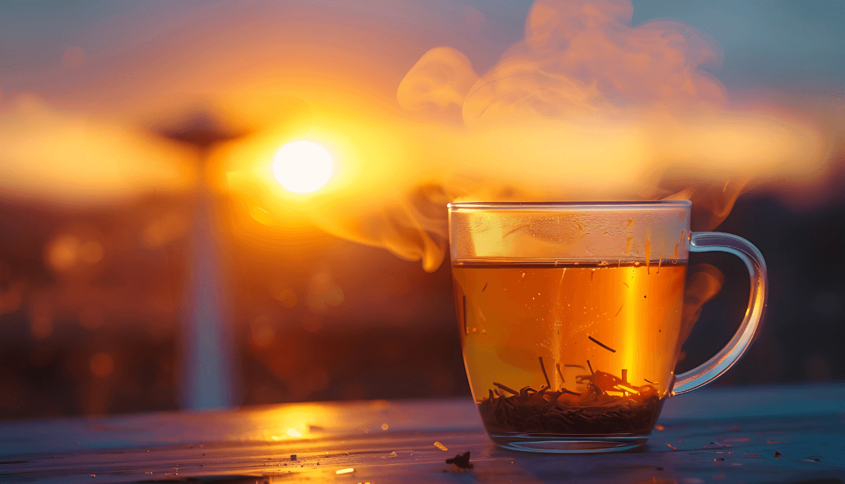 Steaming cup of detox tea at sunrise with Berlin TV Tower silhouette – Teatox Instagram marketing case study hero image