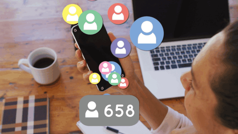 Businesswoman using smartphone with social media icons and followers count, influencer marketing concept